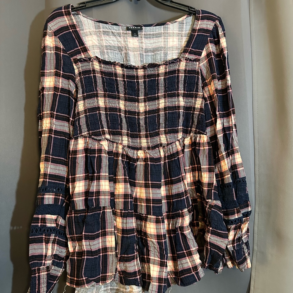 Women’s Navy Plaid Peasant Blouse - Torrid Brand